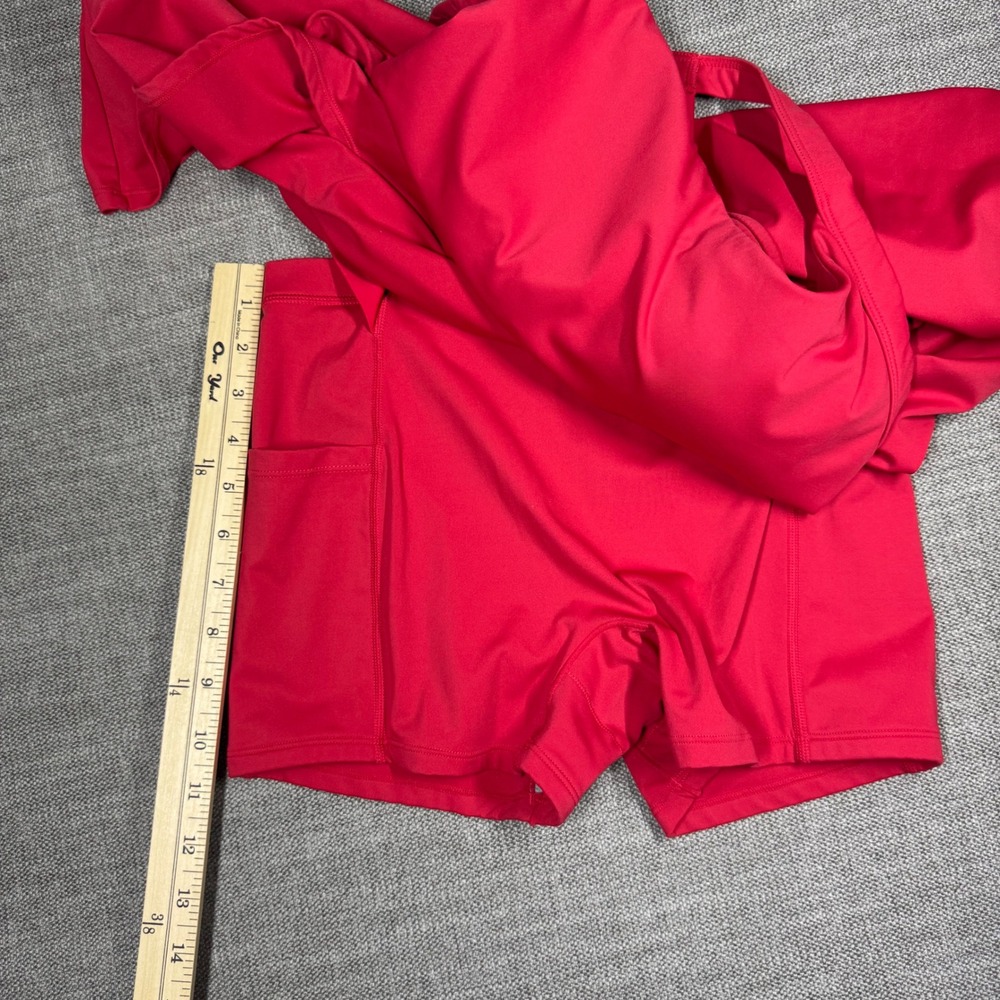 Backless Twisted Flare Halter Neck Exercise Dress with Built-in Shorts Red Small - Picture 9 of 16